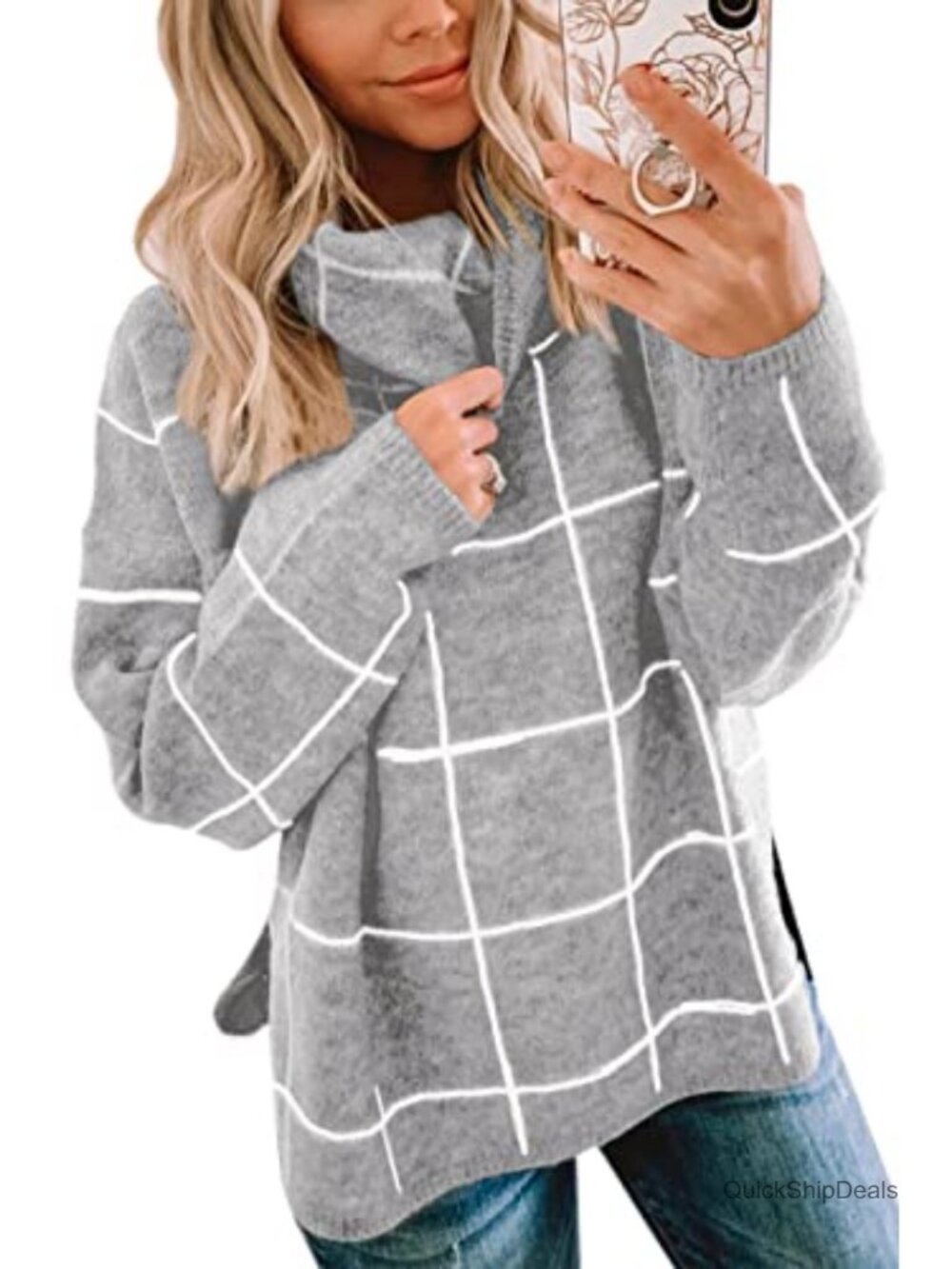 Women's Plaid Turtleneck Pullover Sweater Loose Fit Long Sleeve Chunky Knit